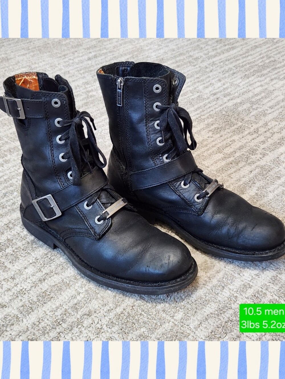 Harley Davidson Men's Ranger black 8 inch Leather boots side buckles size 10.5